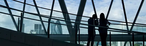 Photo of a sillouhetted couple looking out of an office block window